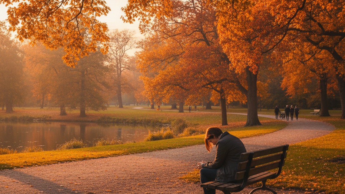 Person in grief sitting alone on a park bench at dusk during emotional recovery