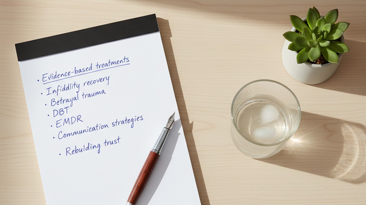 Therapy session notepad and pen on desk symbolizing evidence-based treatment for betrayal trauma