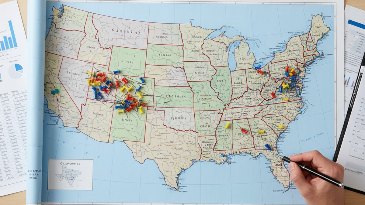 Flat-lay overhead view of a United States map with colored pins marking states with different infidelity rates