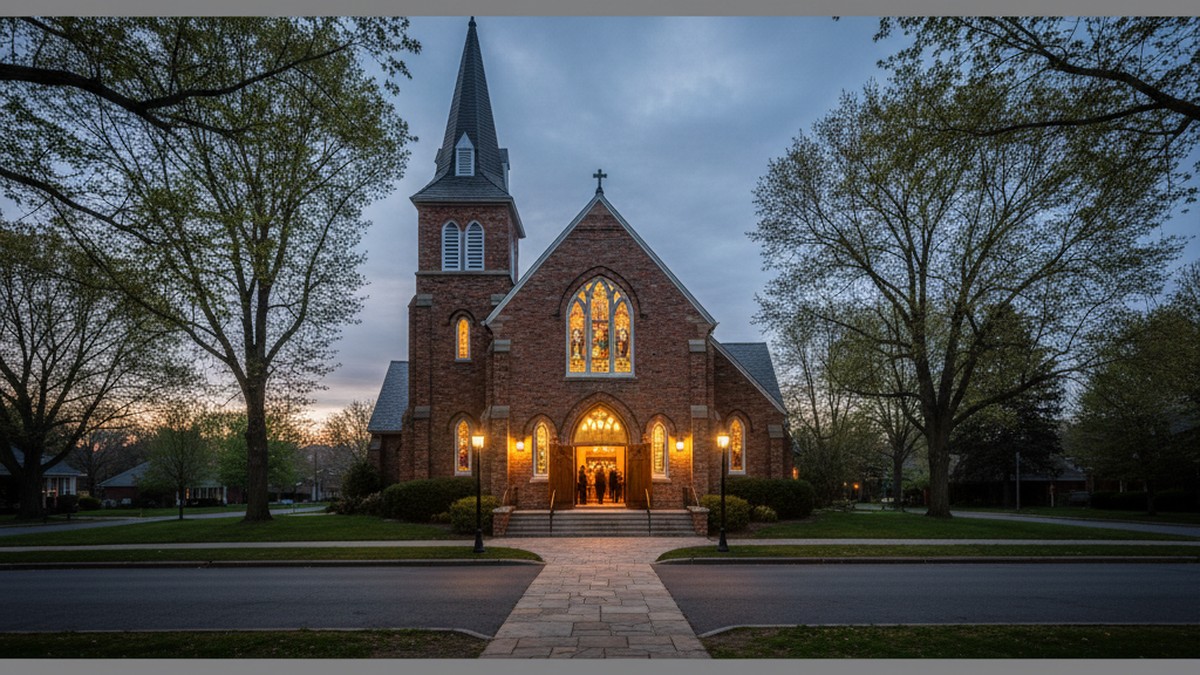 Church exterior at dusk illustrating how religious congregation density correlates with lower infidelity rates by state