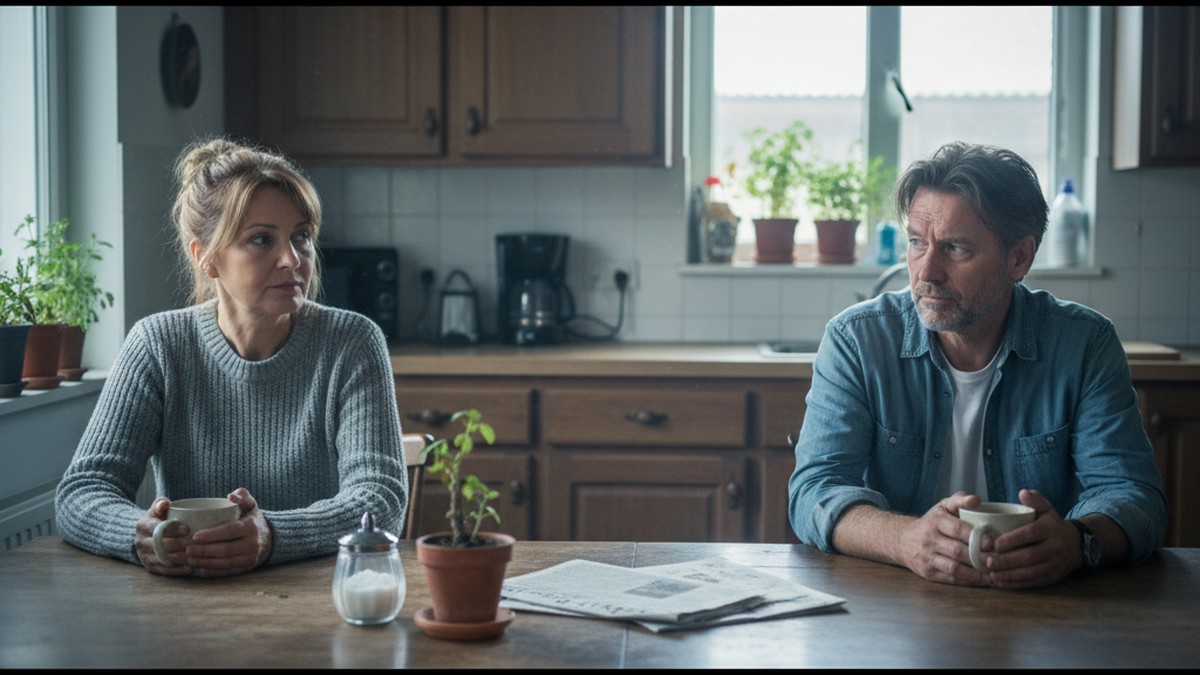 Middle-aged couple sitting apart at a kitchen table with distant body language, illustrating relationship tension statistics