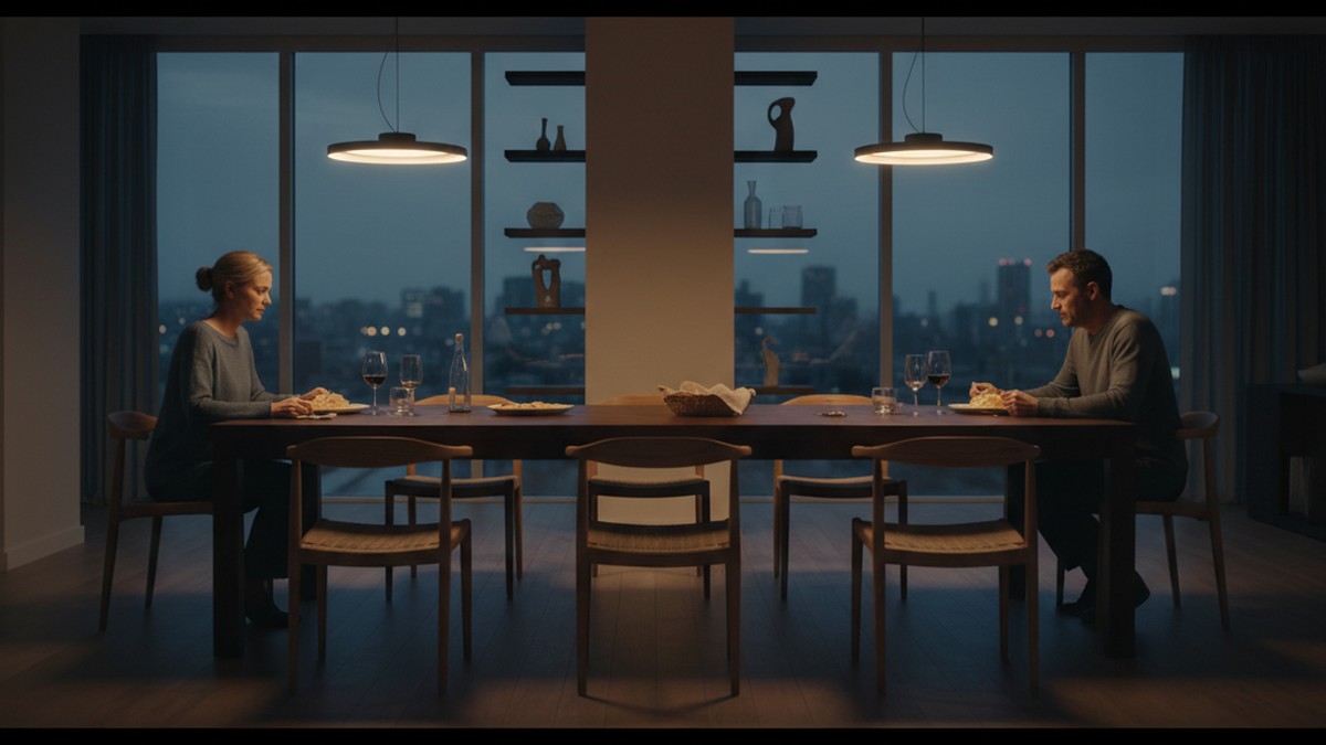 Couple sitting apart at a dining table representing infidelity gender statistics