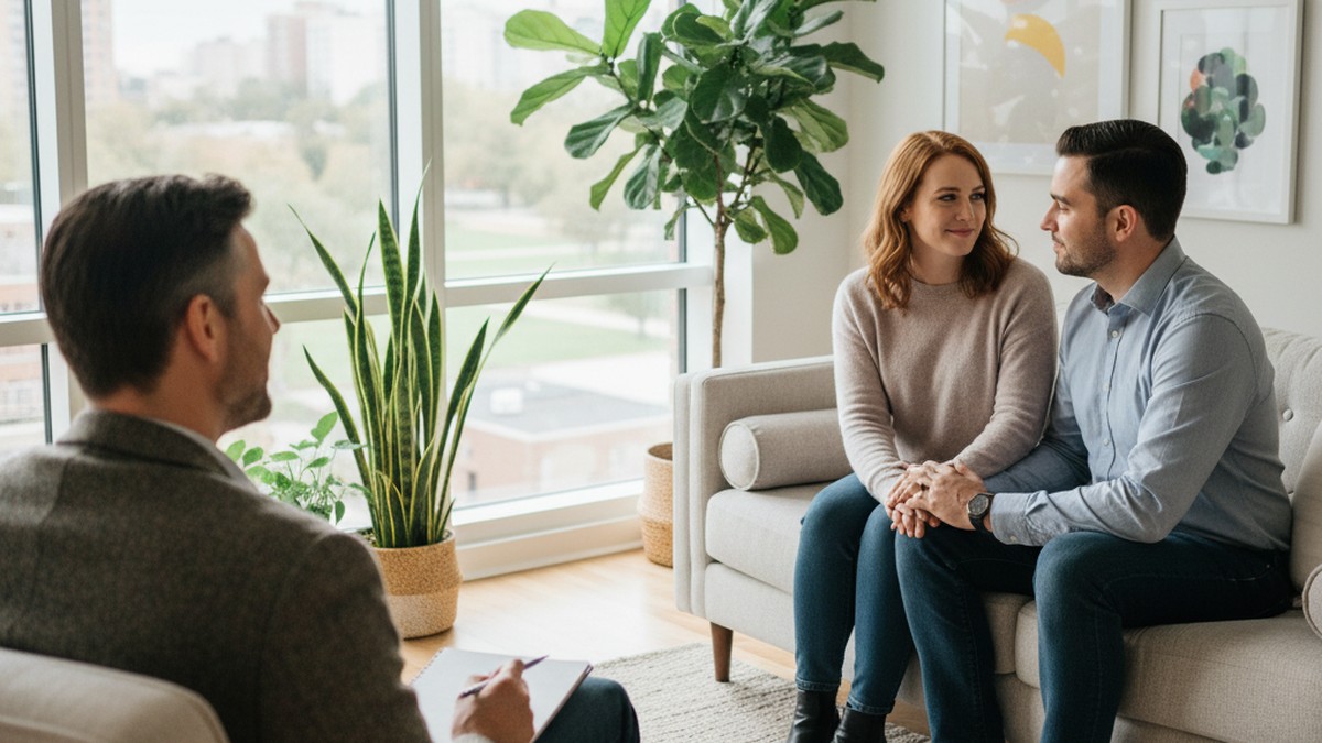 Couples therapy session representing relationship recovery after infidelity