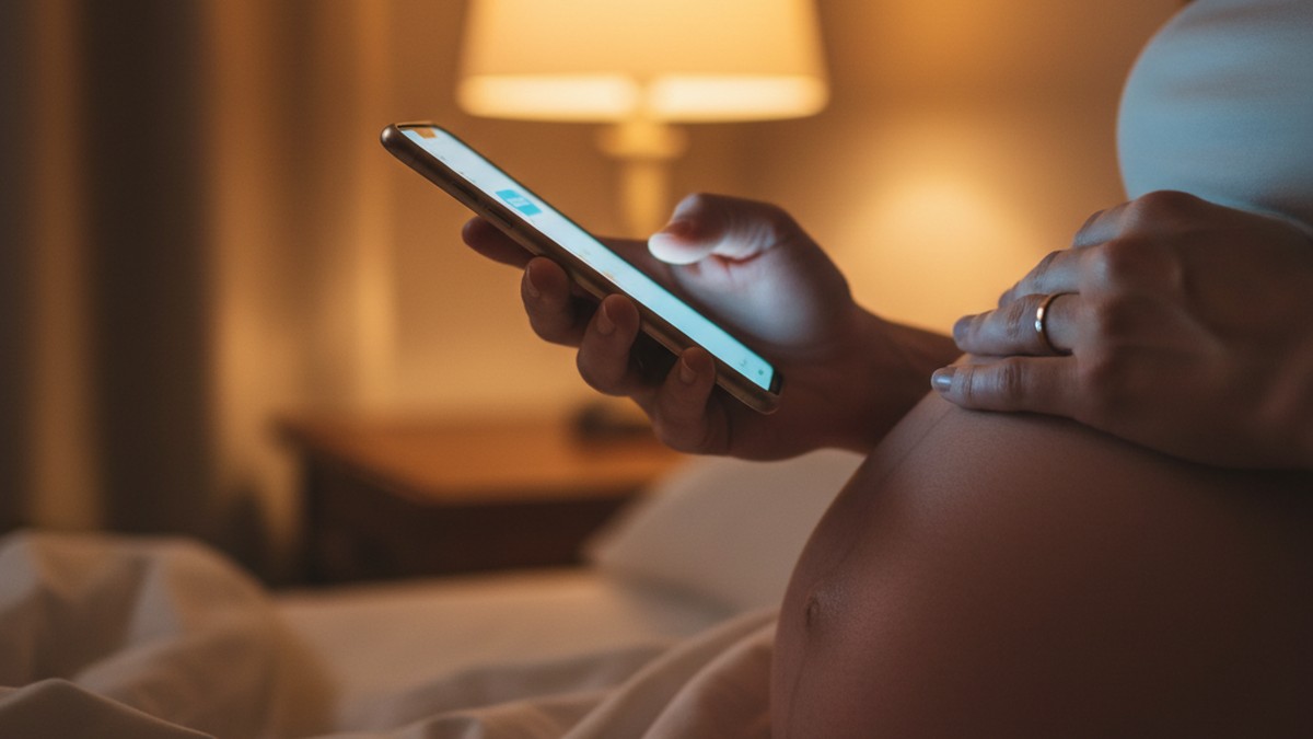 Pregnant woman checking phone late at night, hands resting on belly, soft lamplight