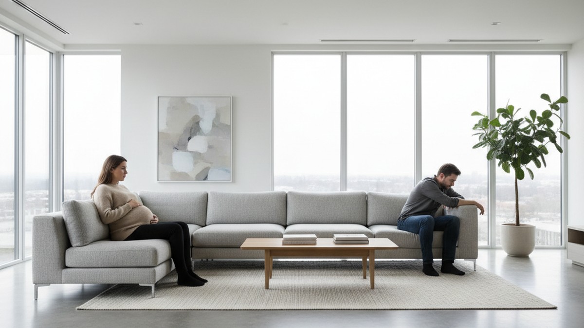 Couple sitting far apart on couch, emotional distance visible, pregnant woman looking away