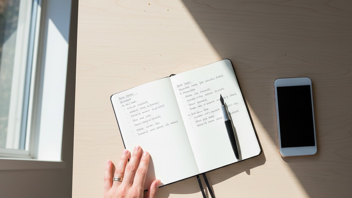 Overhead view of notebook and phone on kitchen table, woman's hand writing notes