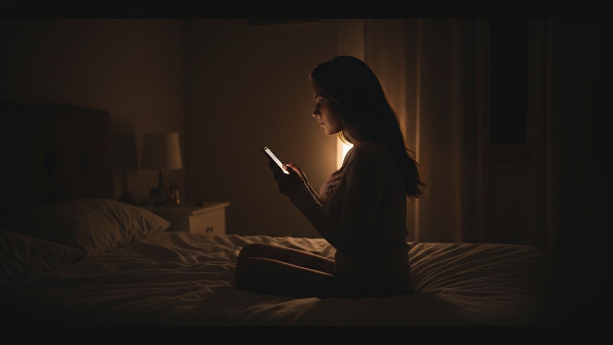 Woman holding phone face-down in bedroom, screen guarding behavior in cheating text patterns