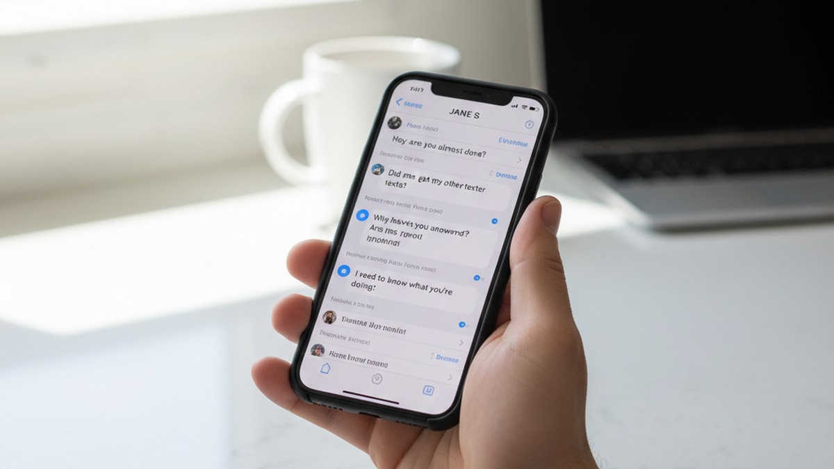 Hands holding phone with messaging app showing contact name disguise patterns