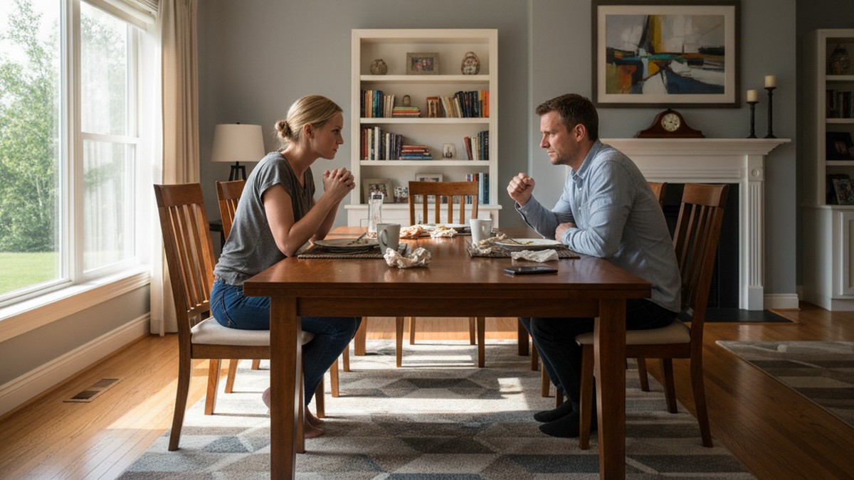 Couple having a difficult direct conversation at a dining table