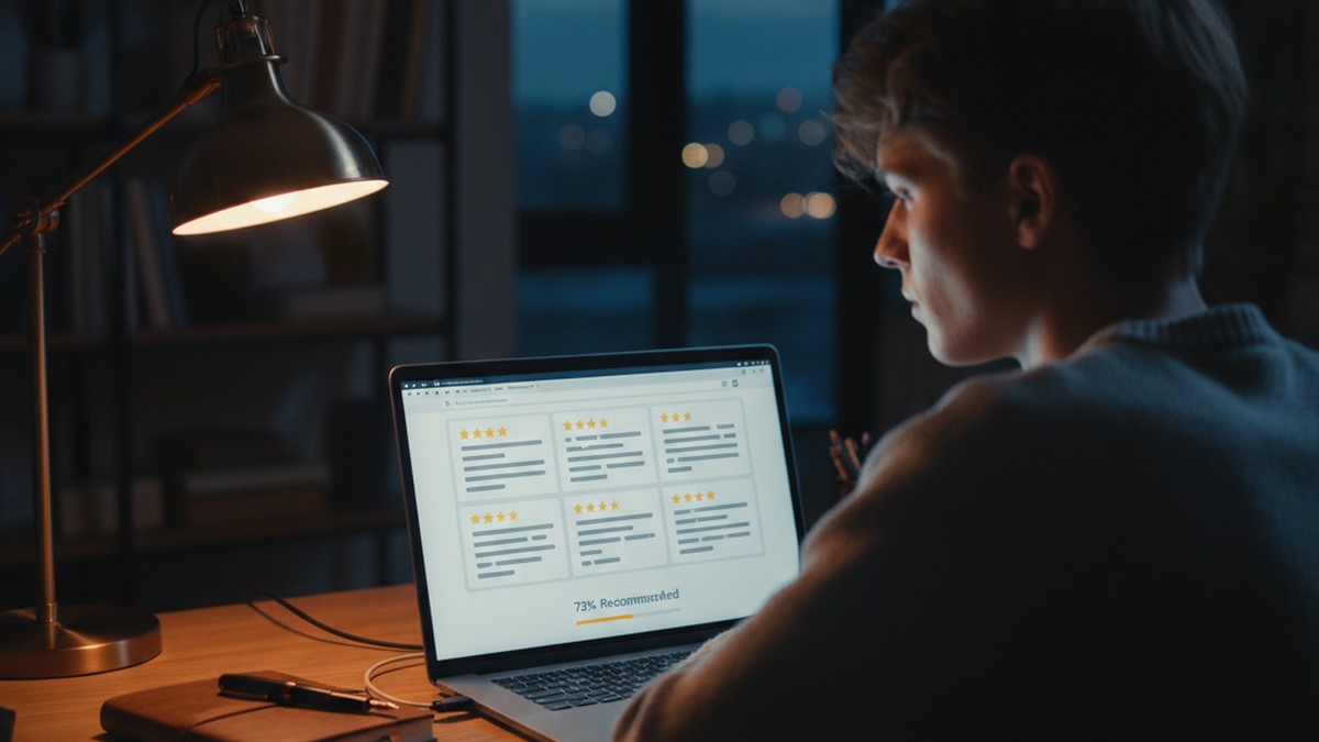 Person reading user reviews on laptop before choosing a dating profile search tool