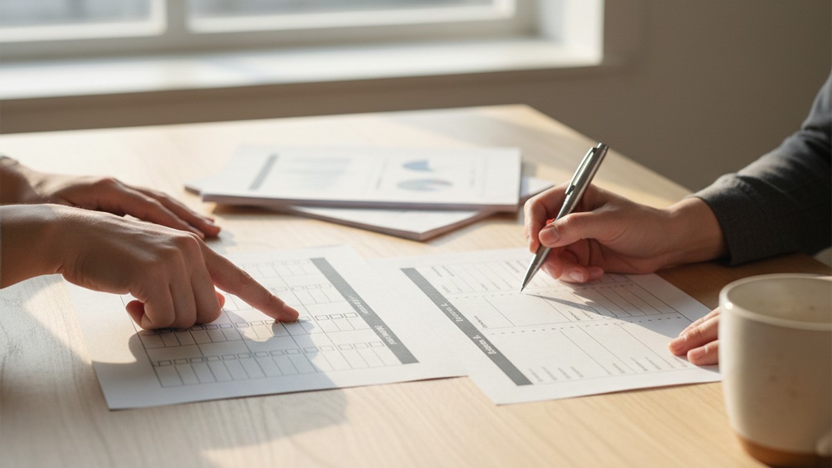 Hands organizing a comparison checklist to decide between two dating profile search tools