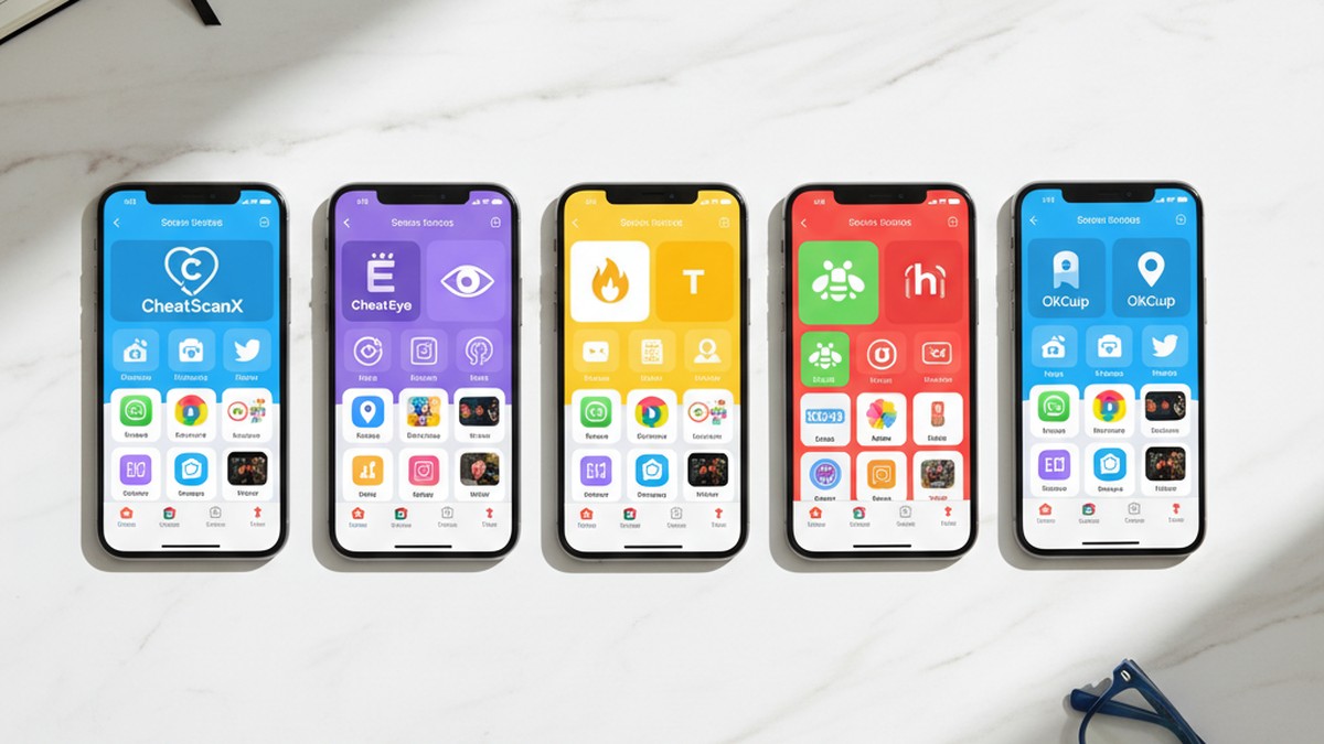 Multiple smartphones arranged side by side showing different dating apps, illustrating platform coverage comparison