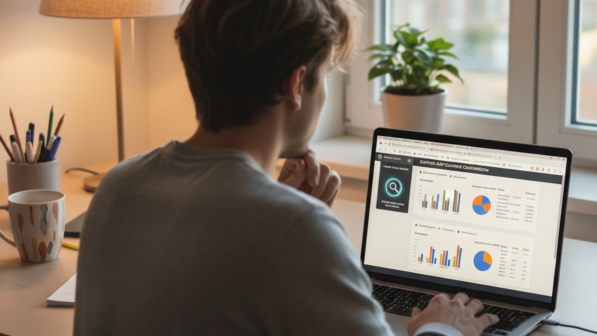 Person at laptop thoughtfully reviewing search results, representing user review and accuracy analysis