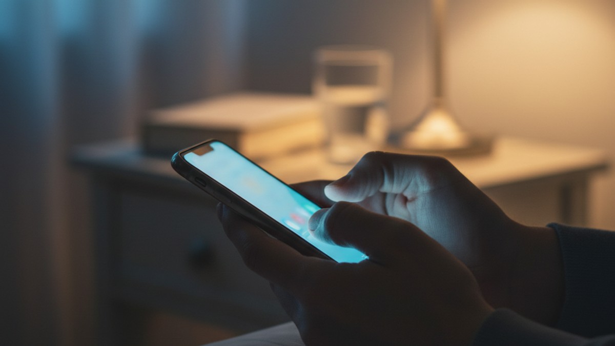 Hands holding a glowing smartphone while checking for a dating app on a partner's device