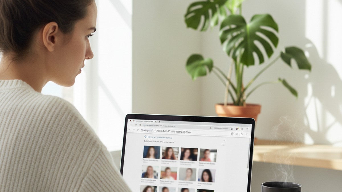 Person at a home office laptop conducting a systematic profile search online