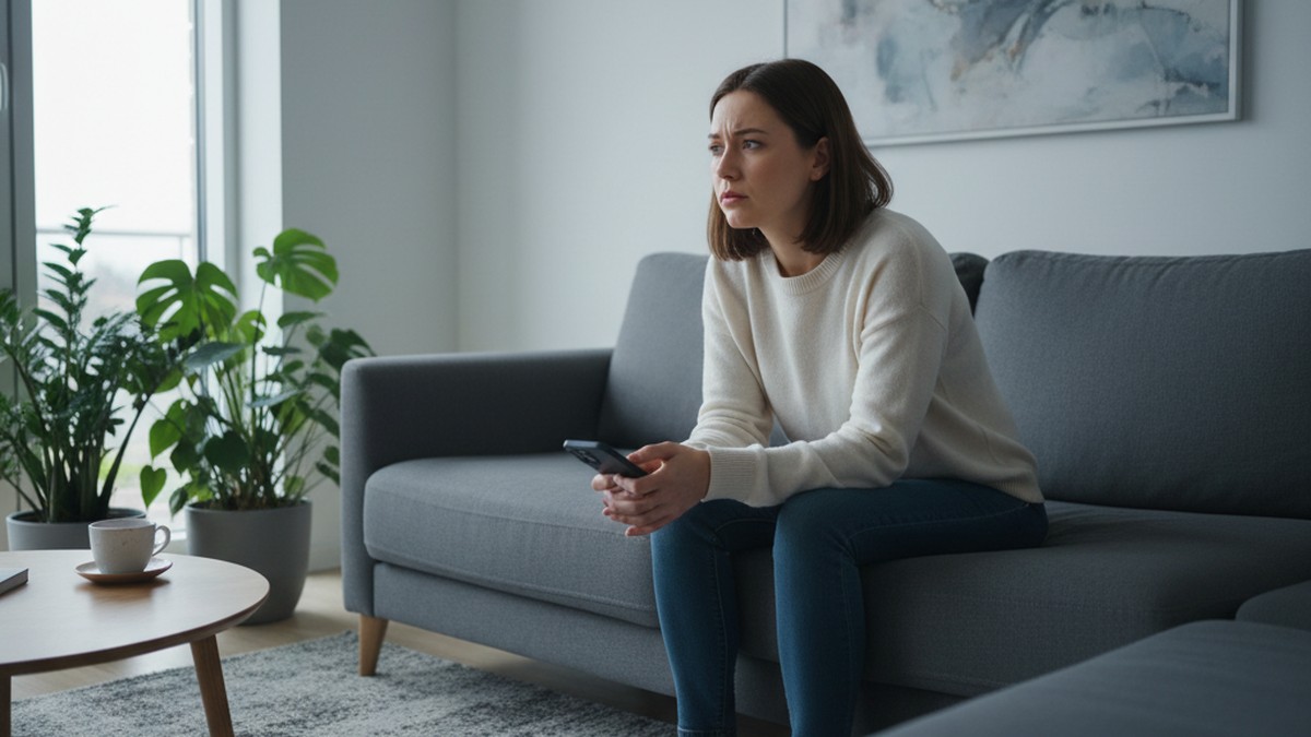 Woman sitting alone on a couch, holding a phone and reflecting after finding unexpected information