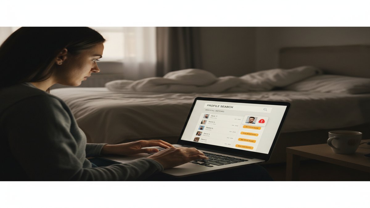 Person searching for a partner's Tinder profile on a laptop