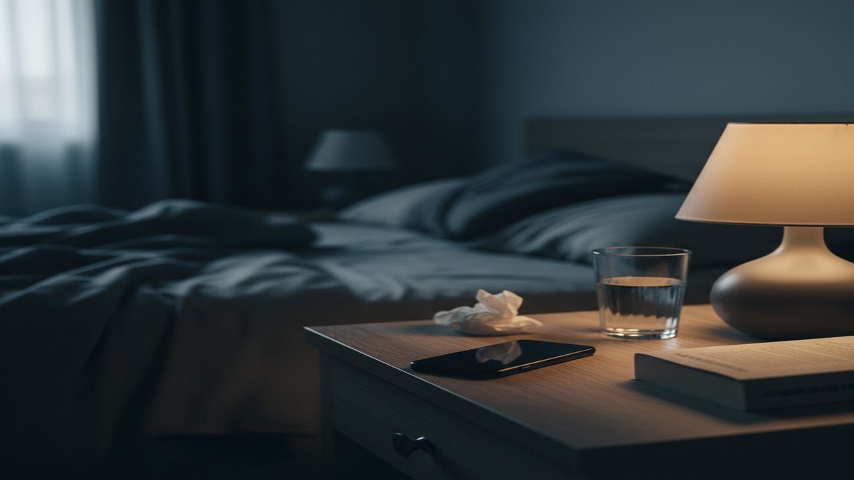 Phone face-down on a nightstand suggesting hidden dating app activity