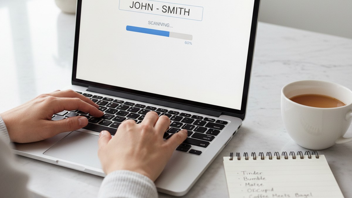Person searching dating profiles on a laptop with notes and coffee nearby