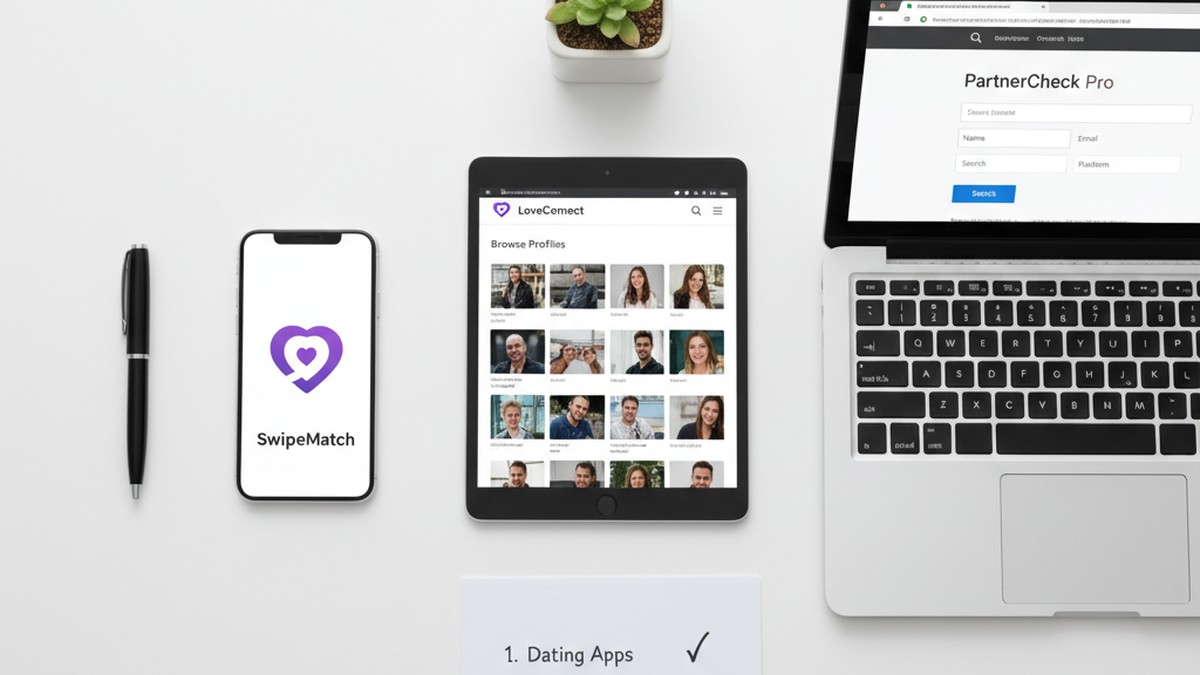 Overhead view of multiple devices showing different dating app platforms