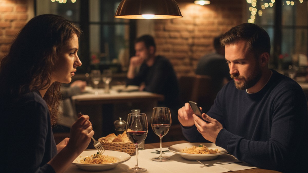 Partner angling phone away at dinner table, a common sign of hidden dating app use