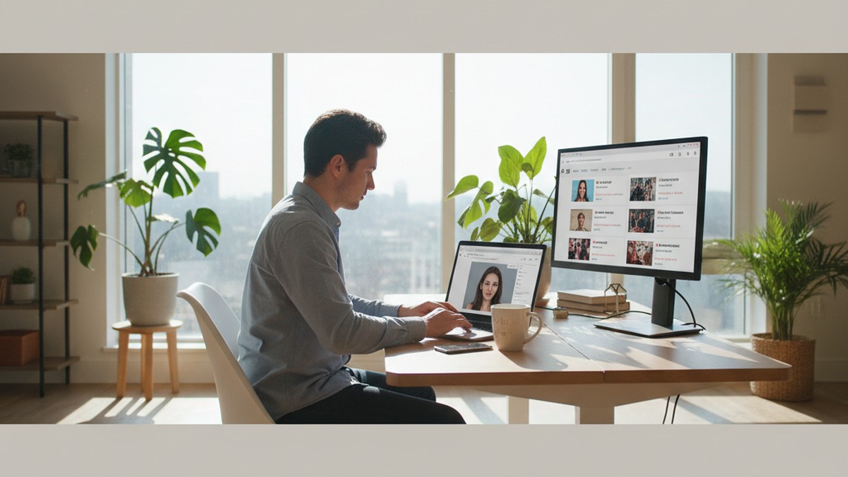 Person using laptop for reverse image search to find hidden dating profiles