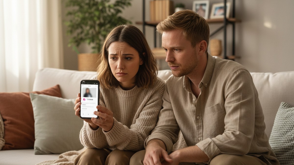 Couple having a calm conversation about discovering a dating profile
