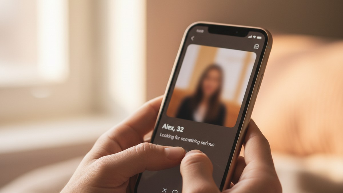 Hands taking a screenshot of a dating app profile on a smartphone