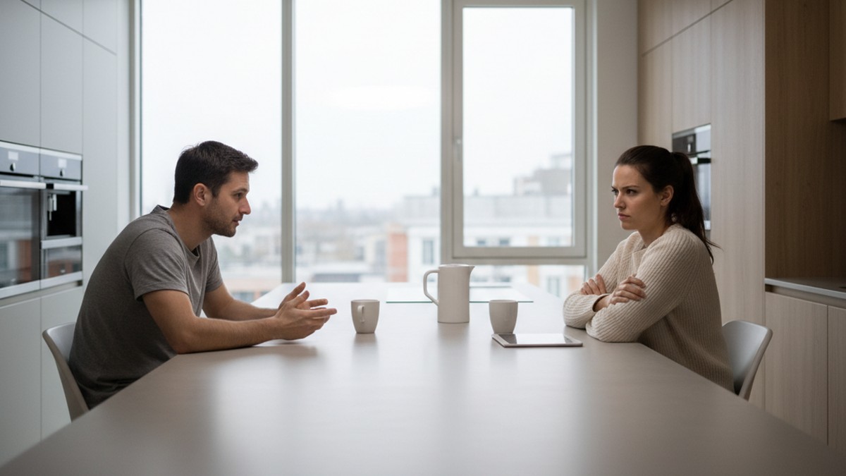 Two people having a serious confrontational conversation across a kitchen table