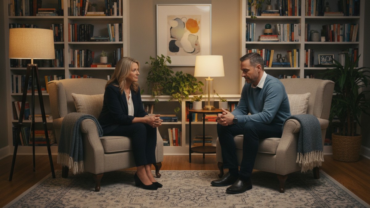 Two people in a therapy session, a couples therapist listening while partners begin rebuilding after infidelity