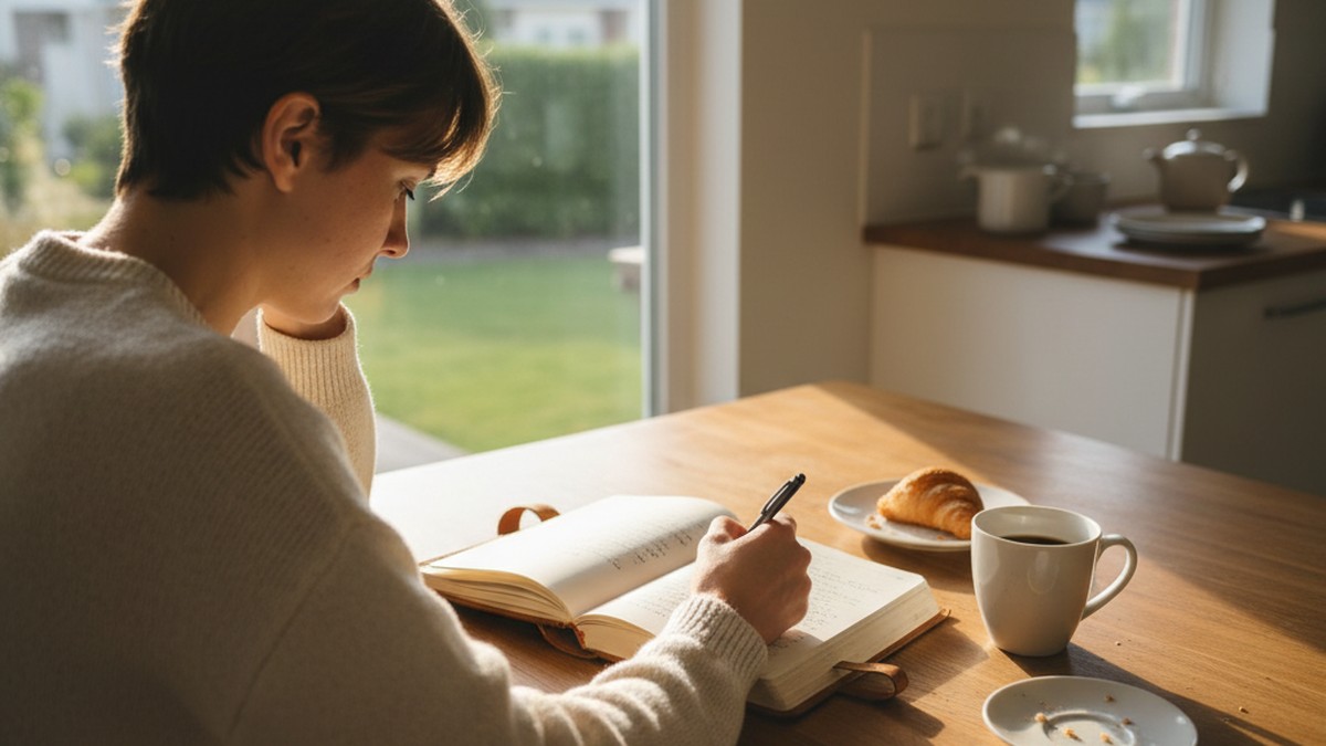 Person journaling at a kitchen table, reflecting on the slow process of recovery after an affair