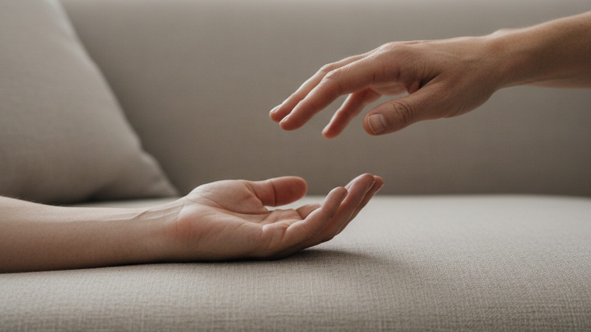 Two hands close together on a couch, reaching toward reconnection after betrayal trauma