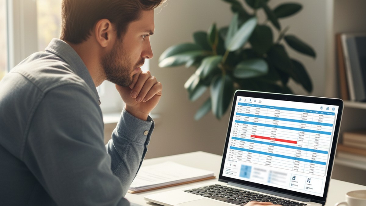 Person reviewing financial documents on laptop, hotel and restaurant charges visible