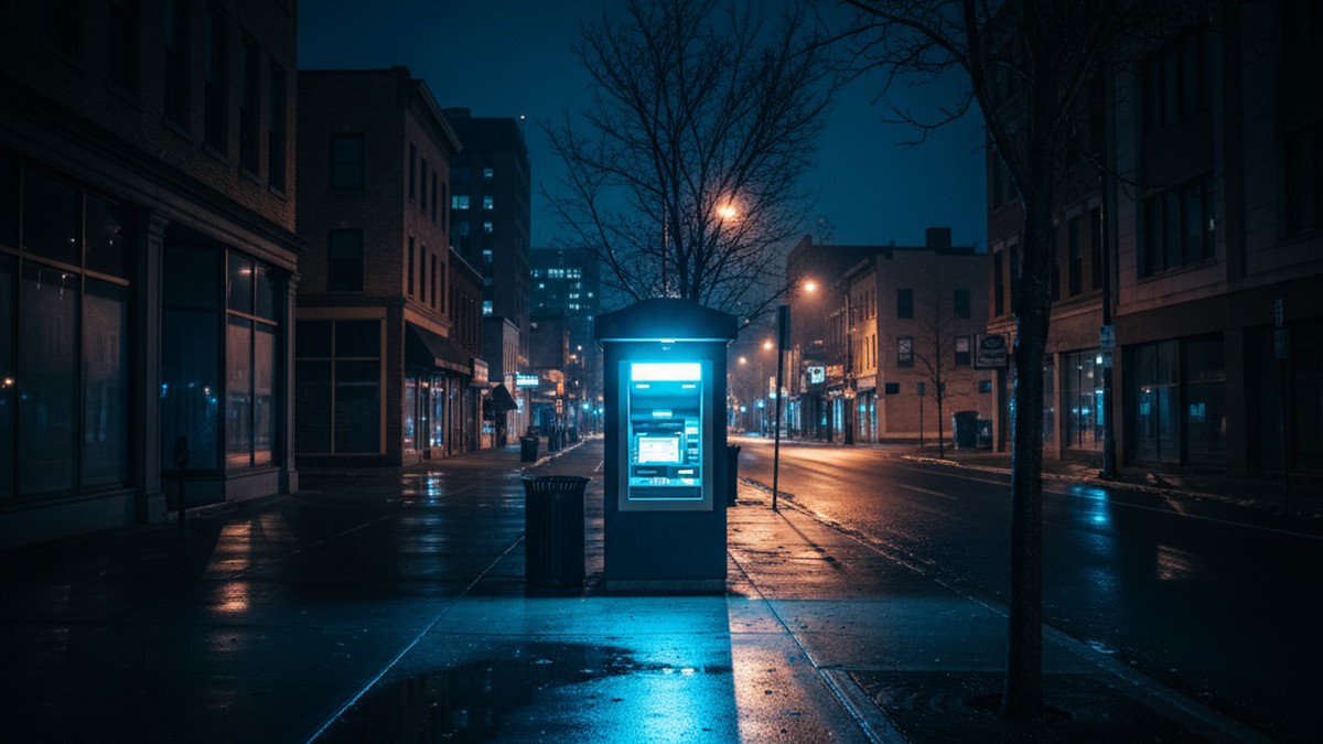 ATM machine on empty urban street at night, reflecting on wet pavement