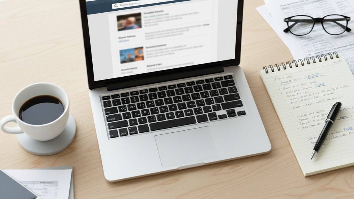 Overhead view of desk with laptop and notebook showing a background check search in progress