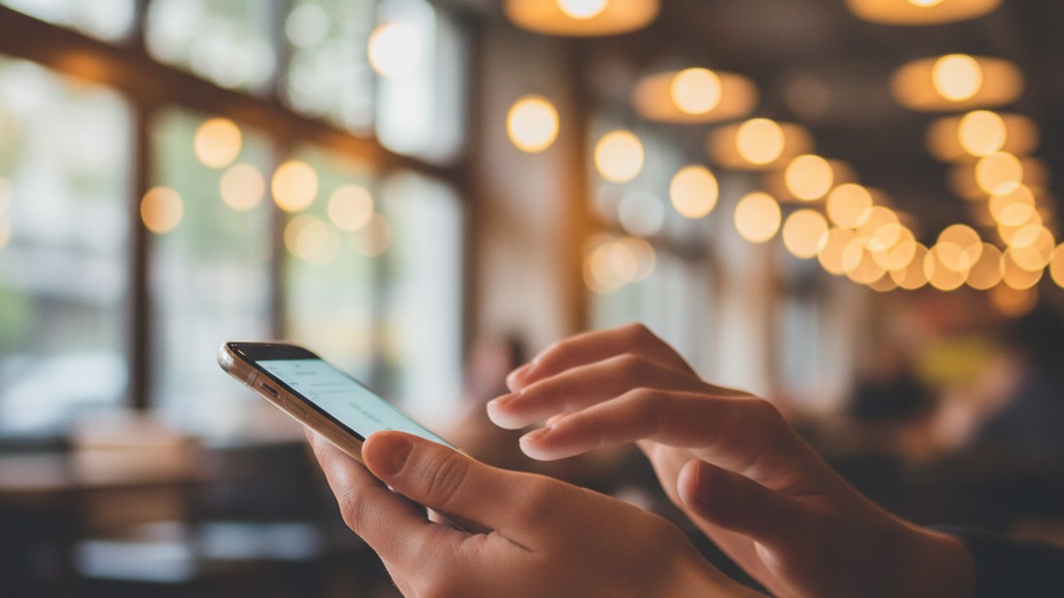 Close-up of hands holding smartphone in cafe reviewing dating profile safety checks