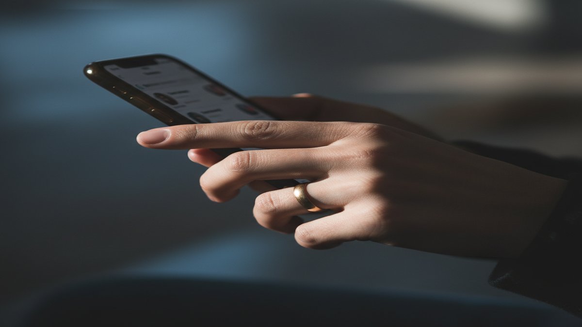 Person wearing wedding ring while using a dating app on their phone