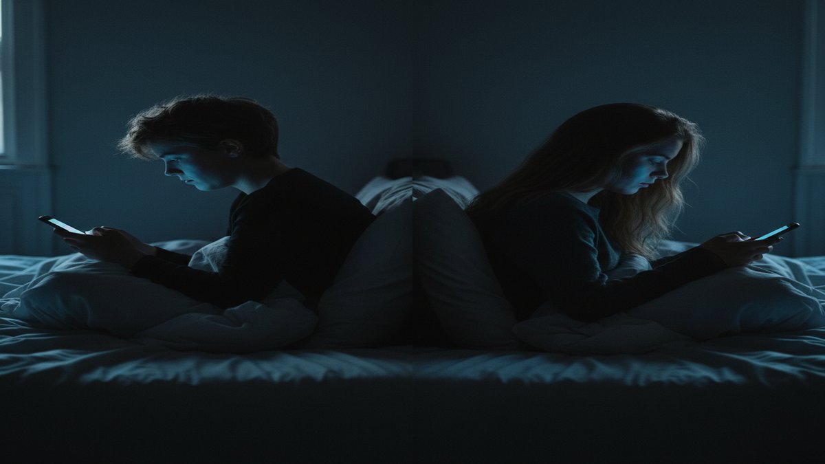 Couple sitting back to back looking at their phones in the dark