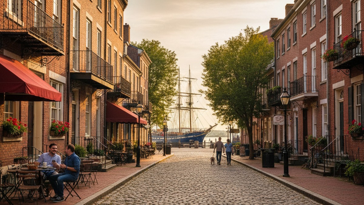 Baltimore neighborhood street scene showing Fells Point-style rowhouses and waterfront