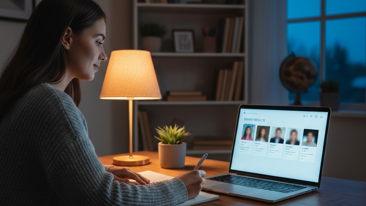Person reviewing dating app search results on laptop at home desk