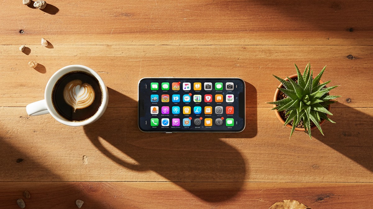 Smartphone with dating app grid beside coffee cup on a wooden desk in Tucson morning light