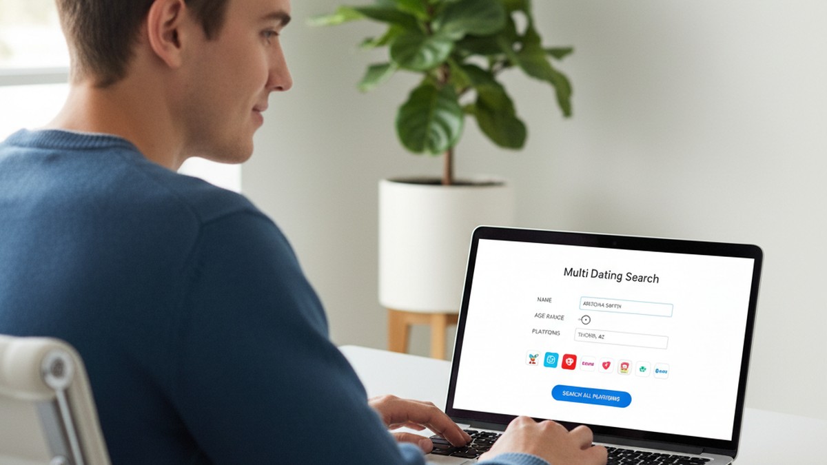 Person running a multi-platform dating app search on a laptop