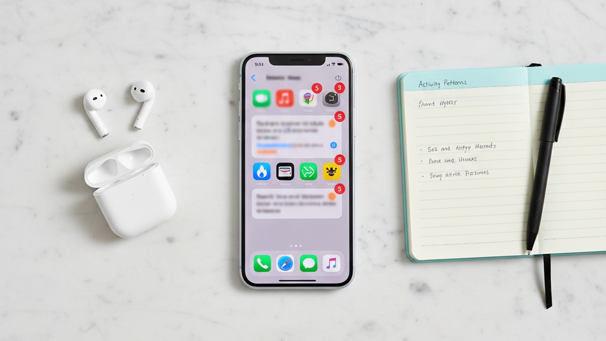 Overhead flat-lay of smartphone with notification badges on a clean desk surface