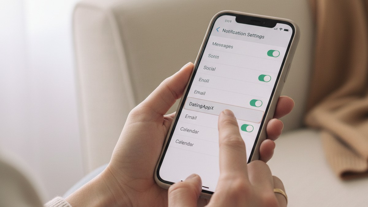 Hands adjusting notification settings on a smartphone to hide dating app alerts