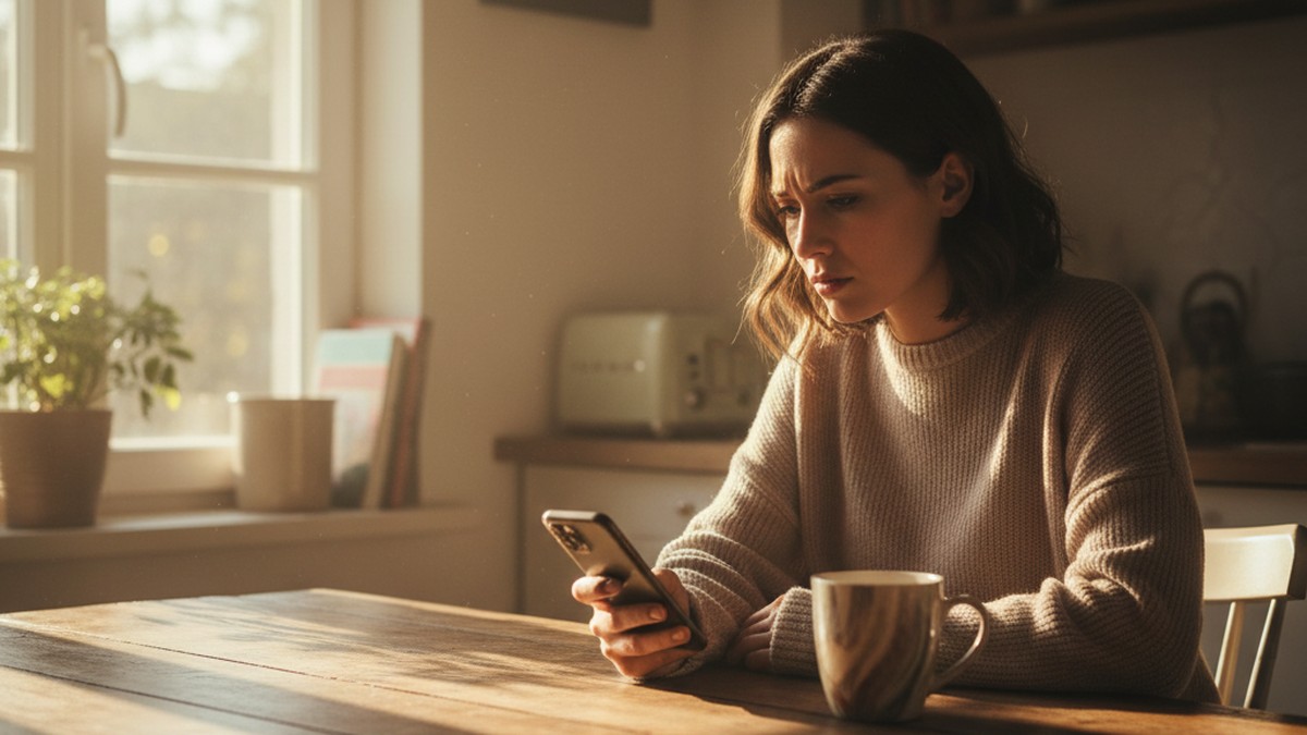 Woman at kitchen table looking thoughtfully at her phone after seeing a dating app notification