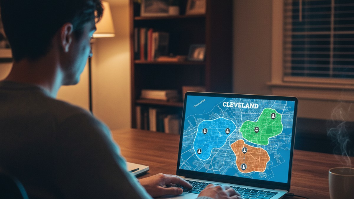 Person viewing a city zone map on a laptop representing the Cleveland 3-Zone dating app search method