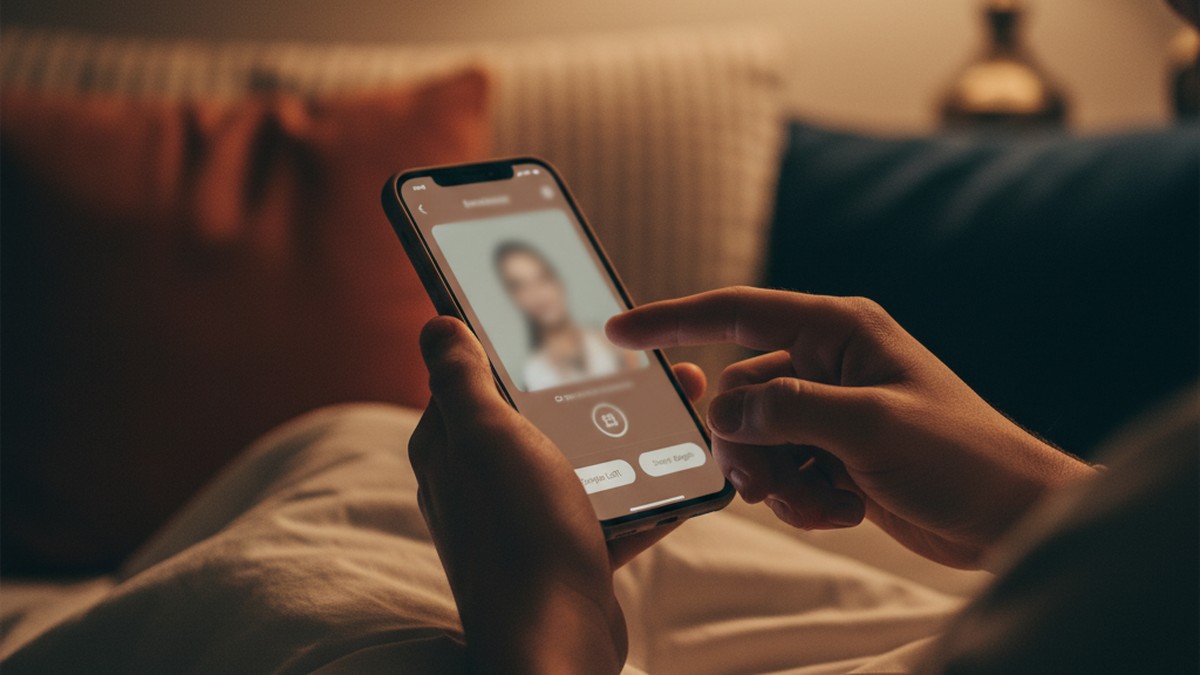 Hands examining a dating app profile on a smartphone screen