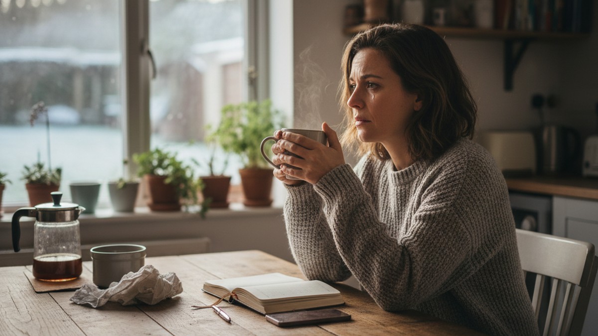 Person at kitchen table reflecting on a difficult decision after finding partner on dating app