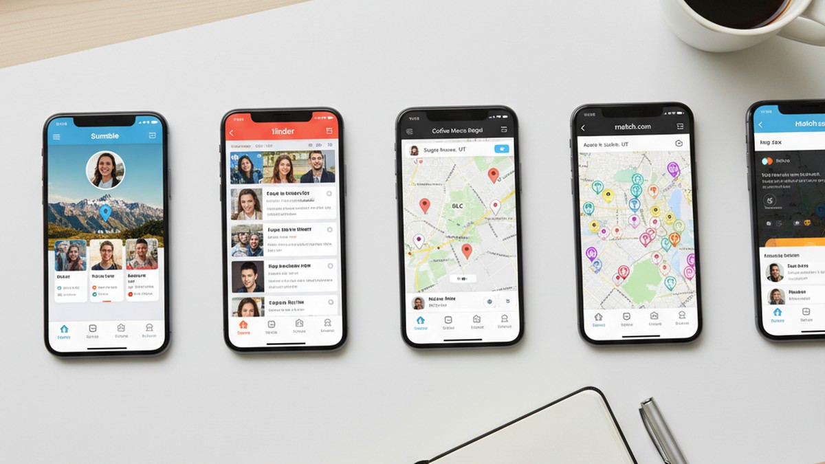 Multiple dating app screens on devices showing Salt Lake City area profiles