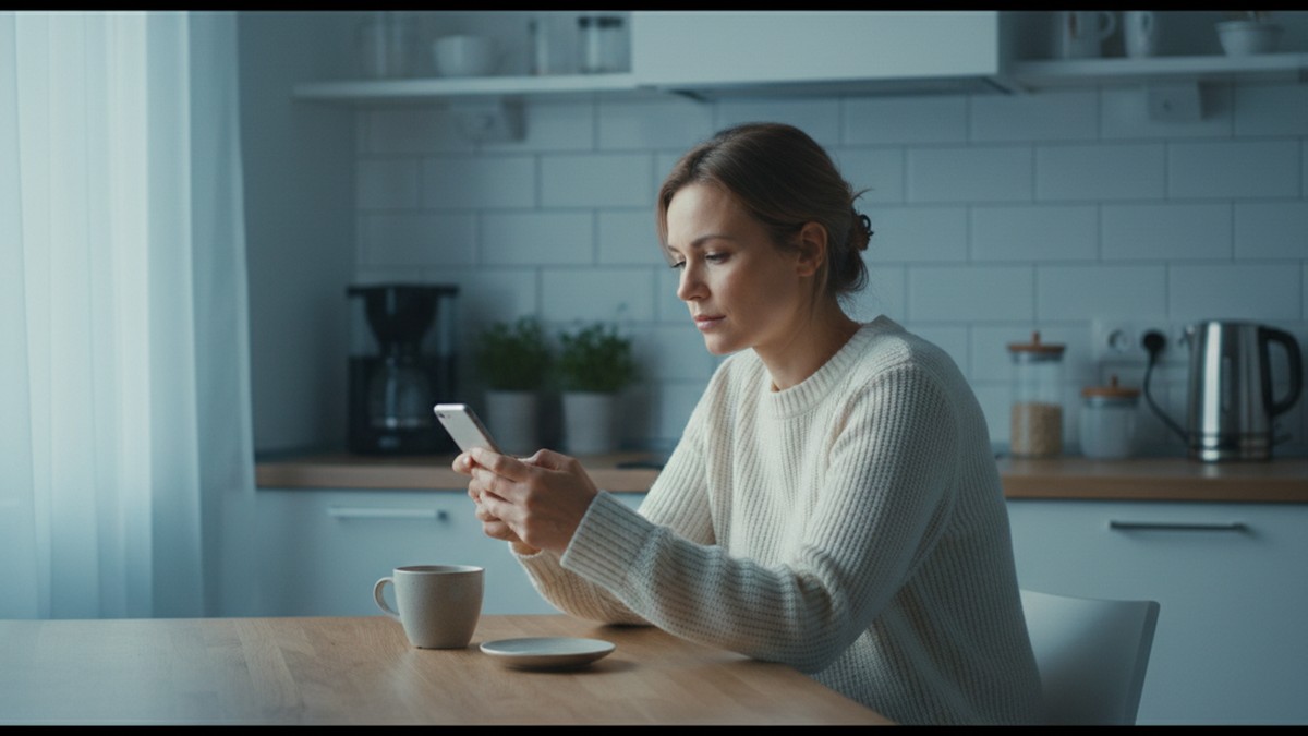 Person at kitchen table reviewing information on phone after finding dating profile